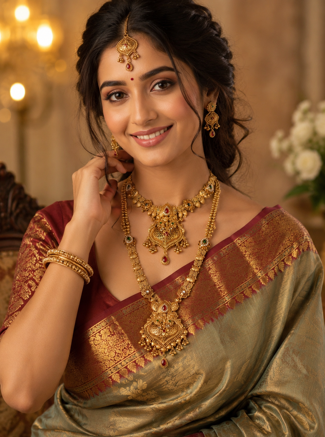 Ayudhara Rajwadi Antique Dual Layer Bridal Necklace Set