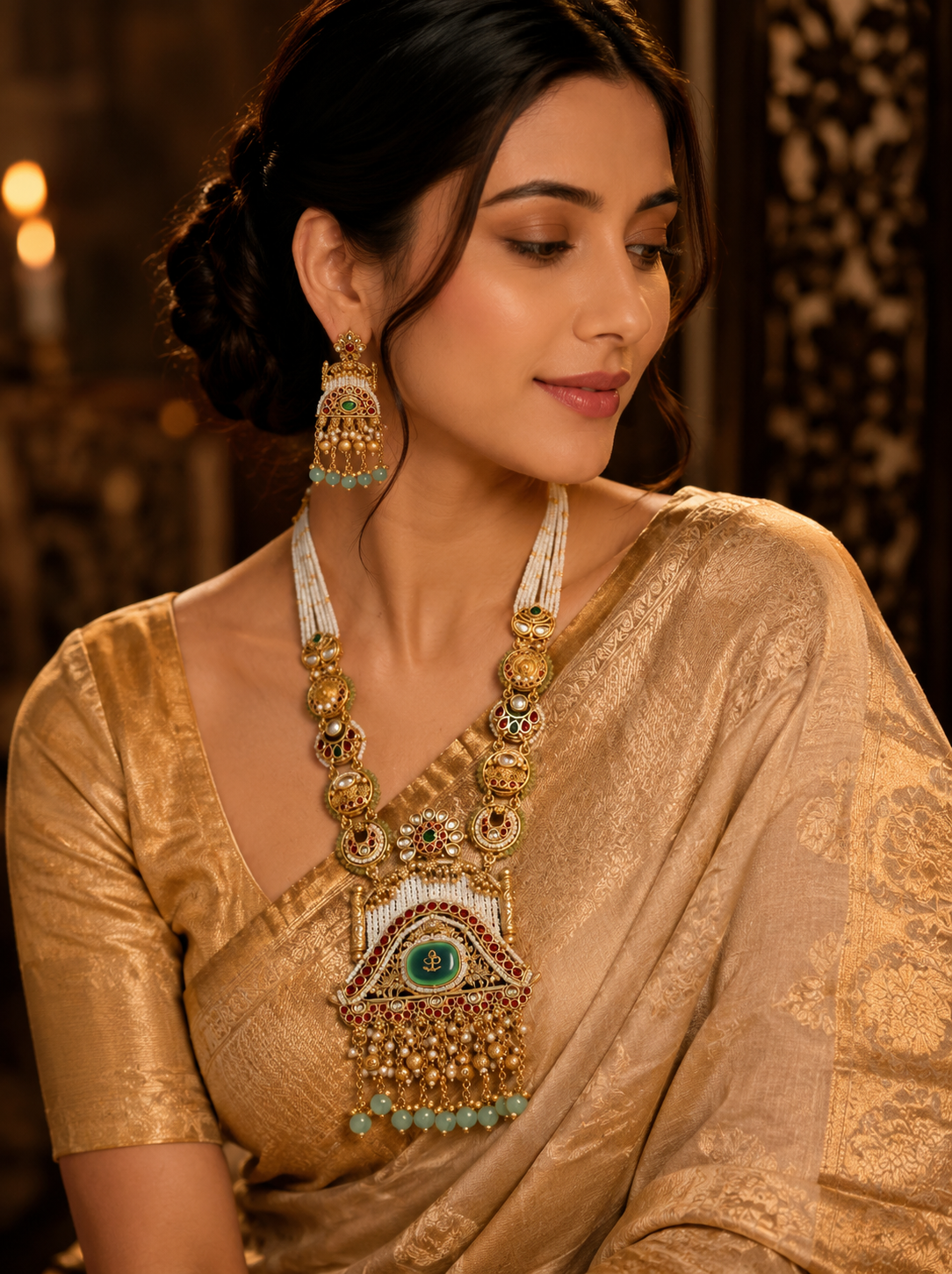 Ayudhara Mint Pearl Rajwadi Long Necklace Set