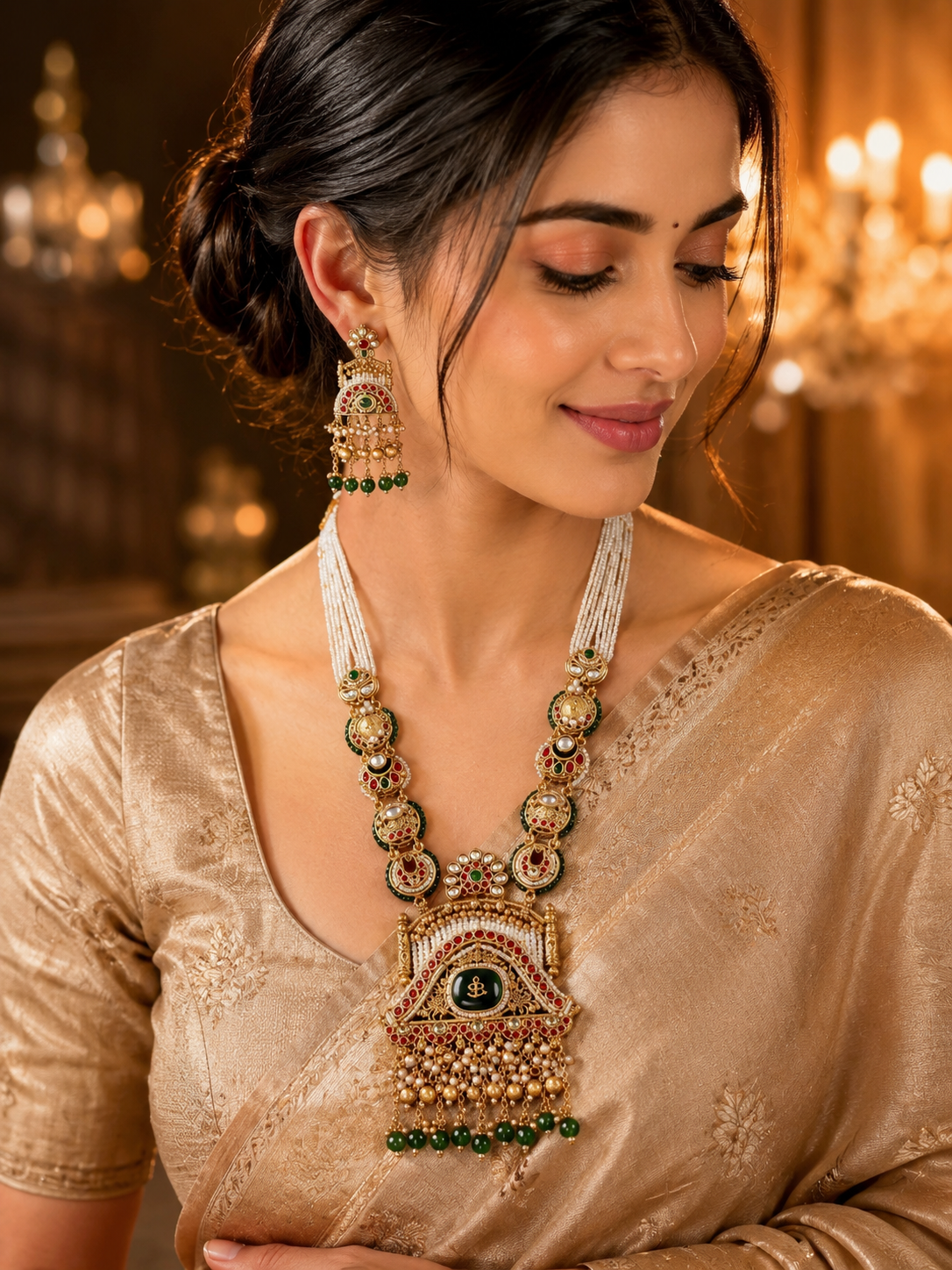 Ayudhara Emerald Rajwadi Pearl Necklace Set