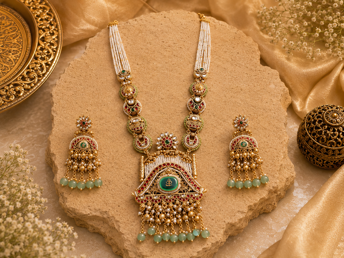 Ayudhara Mint Pearl Rajwadi Long Necklace Set