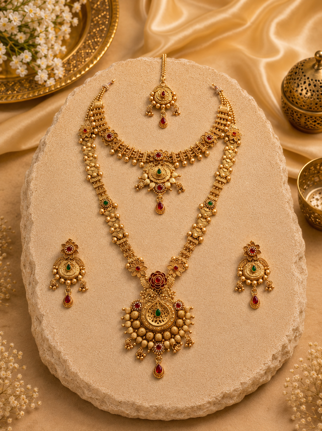 Ayudhara Antique Floral Dual Layer Necklace Set