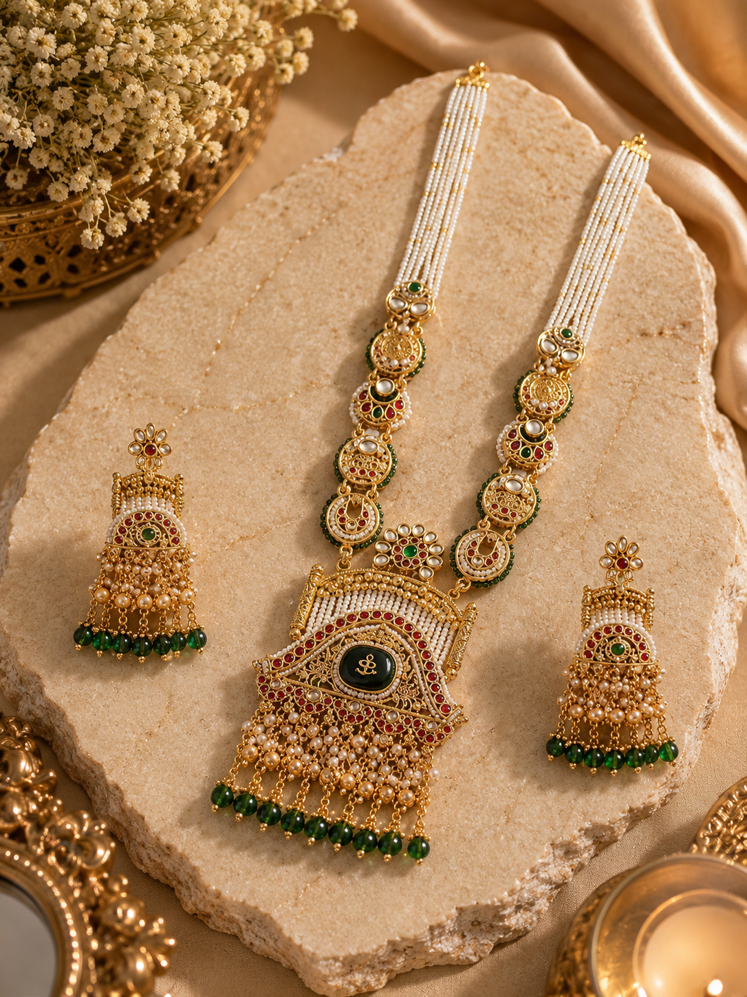 Ayudhara Emerald Rajwadi Pearl Necklace Set