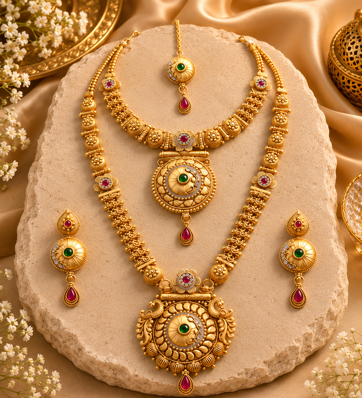 Ayudhara Antique Dual Layer Temple Necklace Set