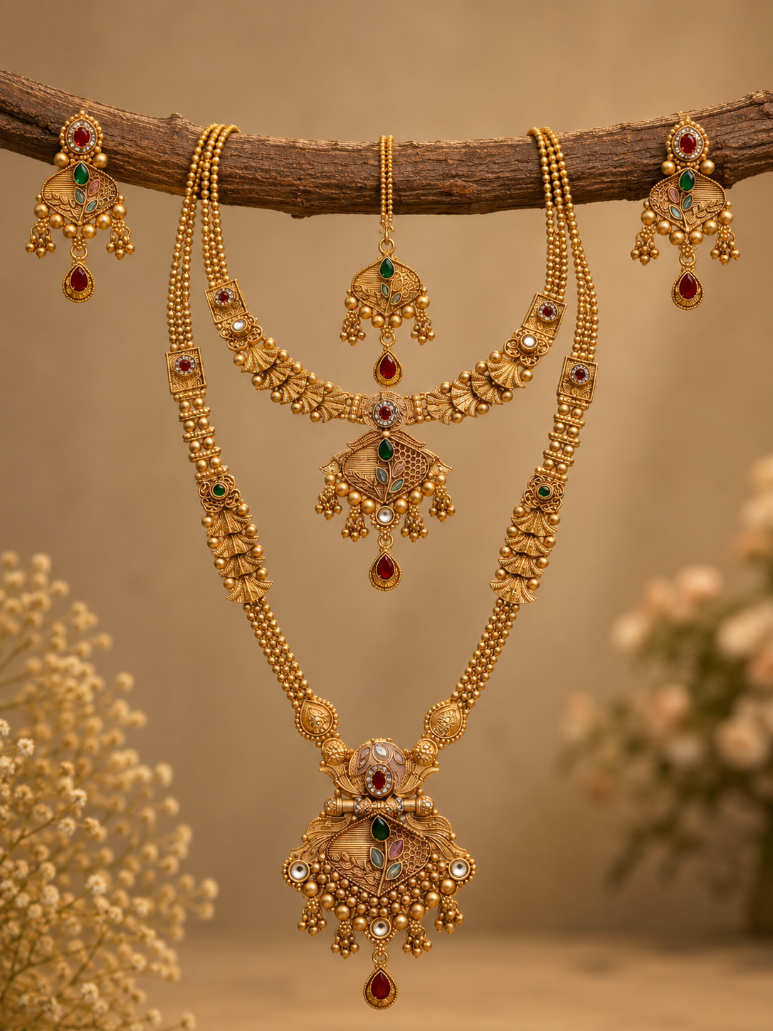 Ayudhara Antique Leaf Motif Dual Layer Necklace Set