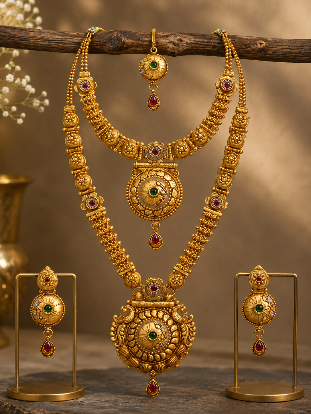Ayudhara Antique Dual Layer Temple Necklace Set