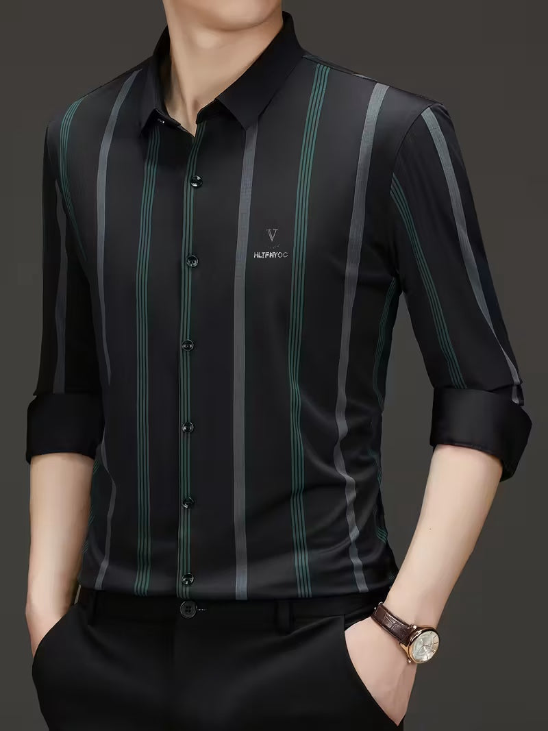 Men’s Elegant GreenStripe Black Shirt