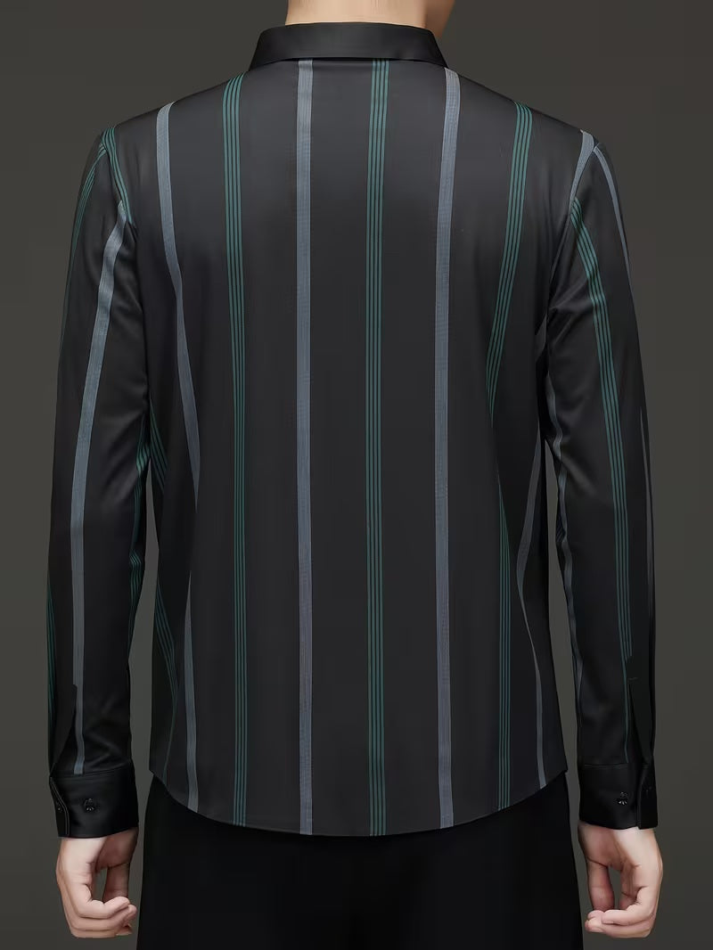 Men’s Elegant GreenStripe Black Shirt