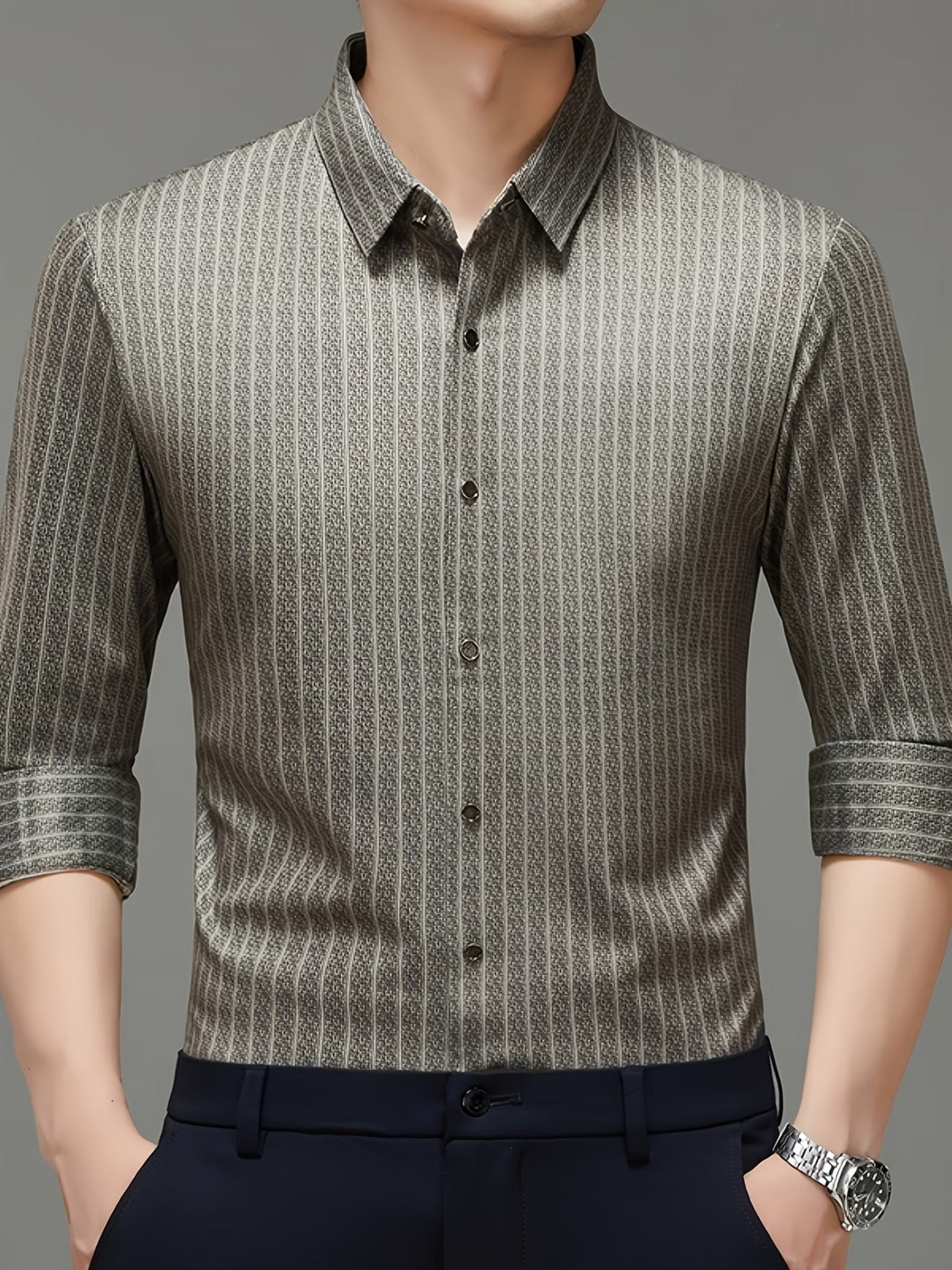Men’s Premium Olive-Grey Vertical Stripe Formal Shirt
