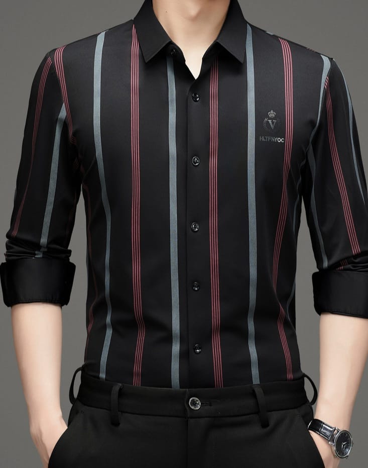 Men's Premium Red Black Vertical Stripe Formal Shirt