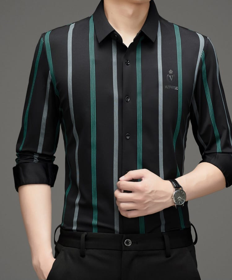 Premium Green Black Vertical Stripe Formal Shirt for Men