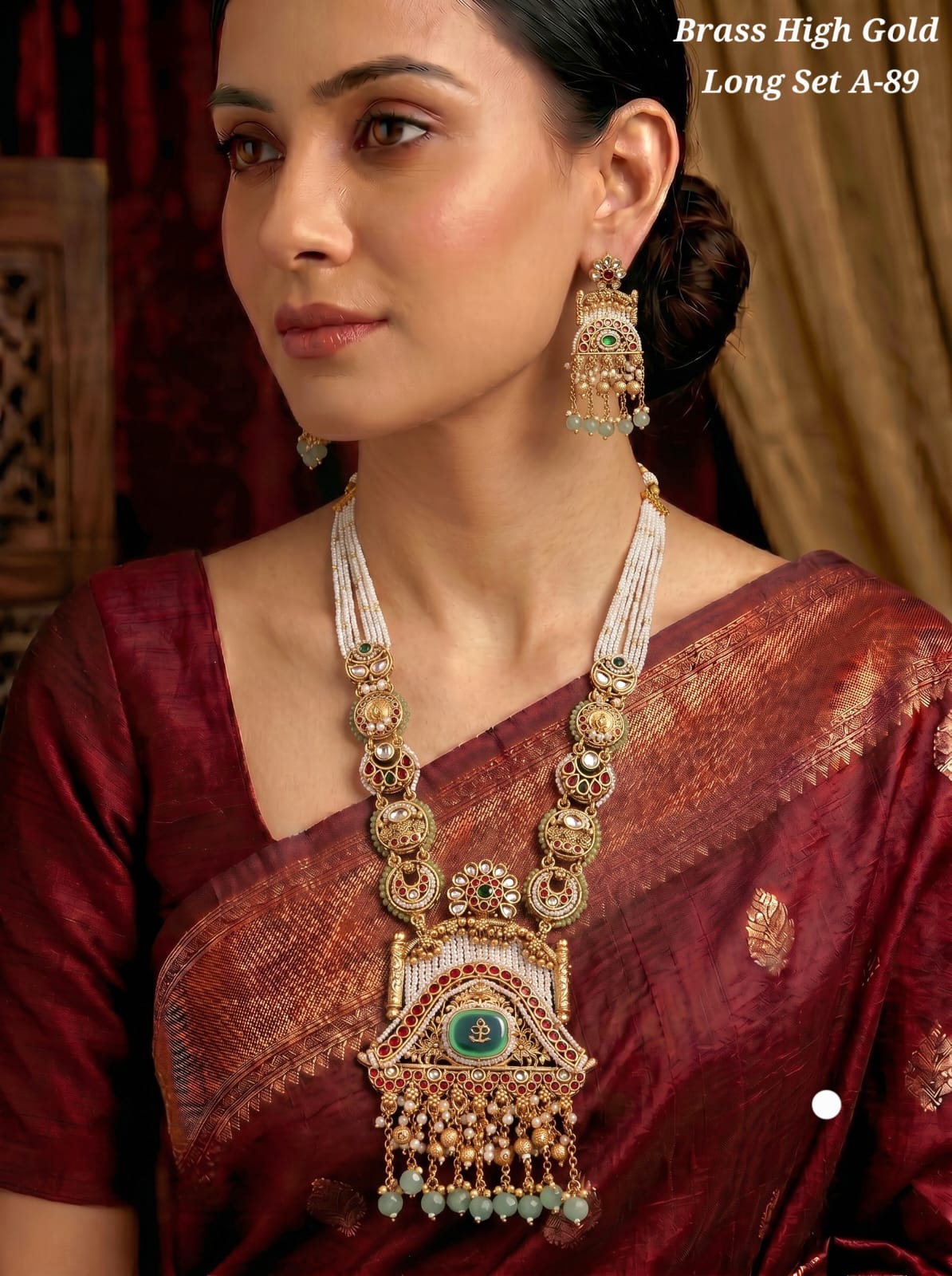 Ayudhara Mint Pearl Rajwadi Long Necklace Set