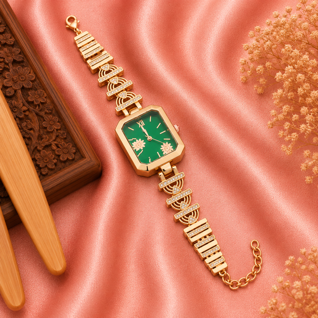 ladies premium square watch green dial